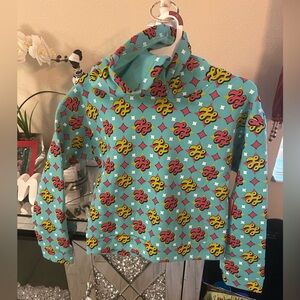 Turquoise Graphic Pattern Hoodie with Pink & Yellow Accents